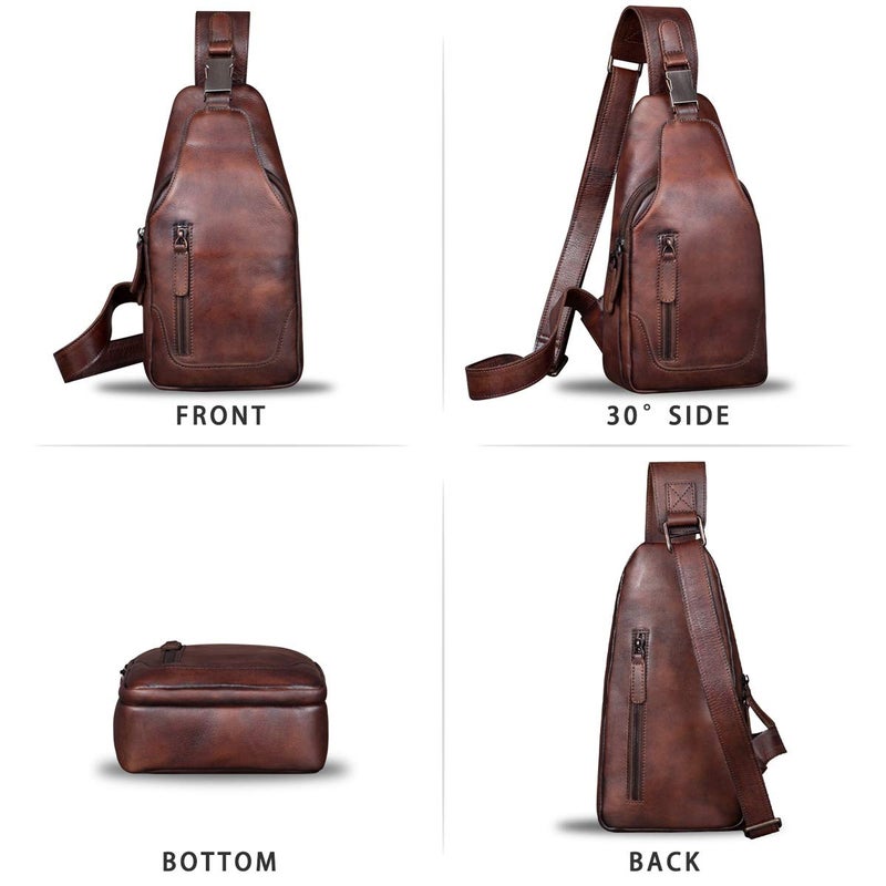 IVTG Genuine Leather Sling Bag for Men Chest Shoulder Crossbody Hiking Backpack Vintage Handmade Daypack (Coffee) - Image 4